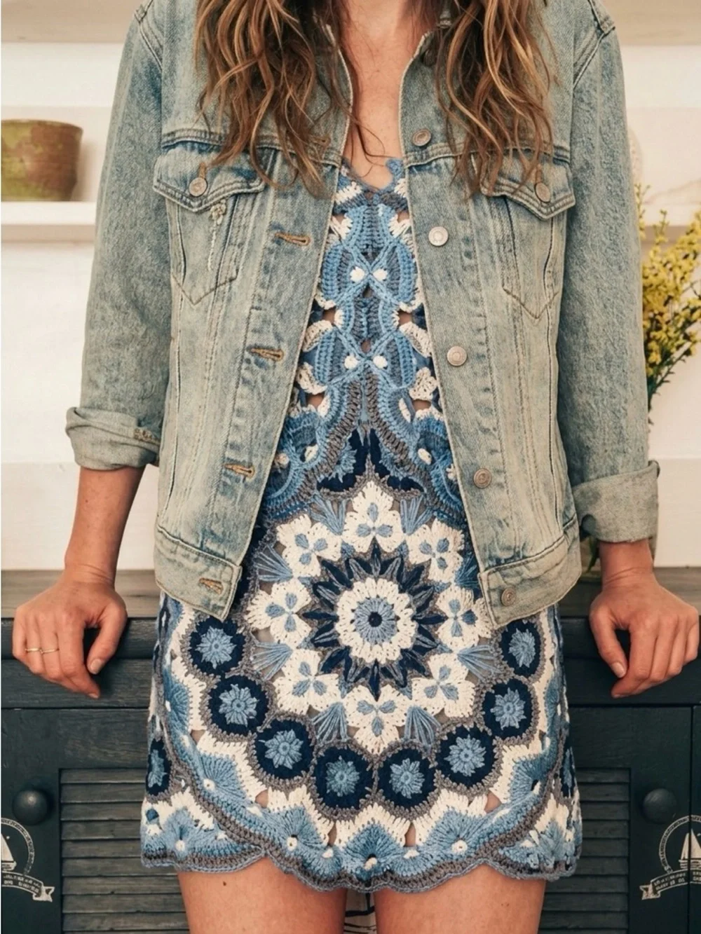 RARE Free People Bali Electric Muse Crochet Embroidered Mini Dress in Blue Sz 4 - Picture 4 of 12
